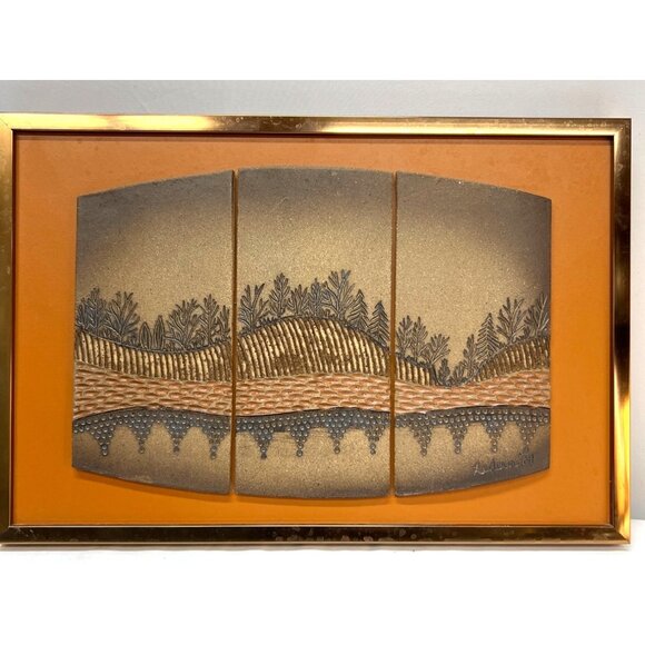 VTG 1980's Ron Lederer Textured Art Pottery Tile Picture 10''x15'' - Picture 1 of 3